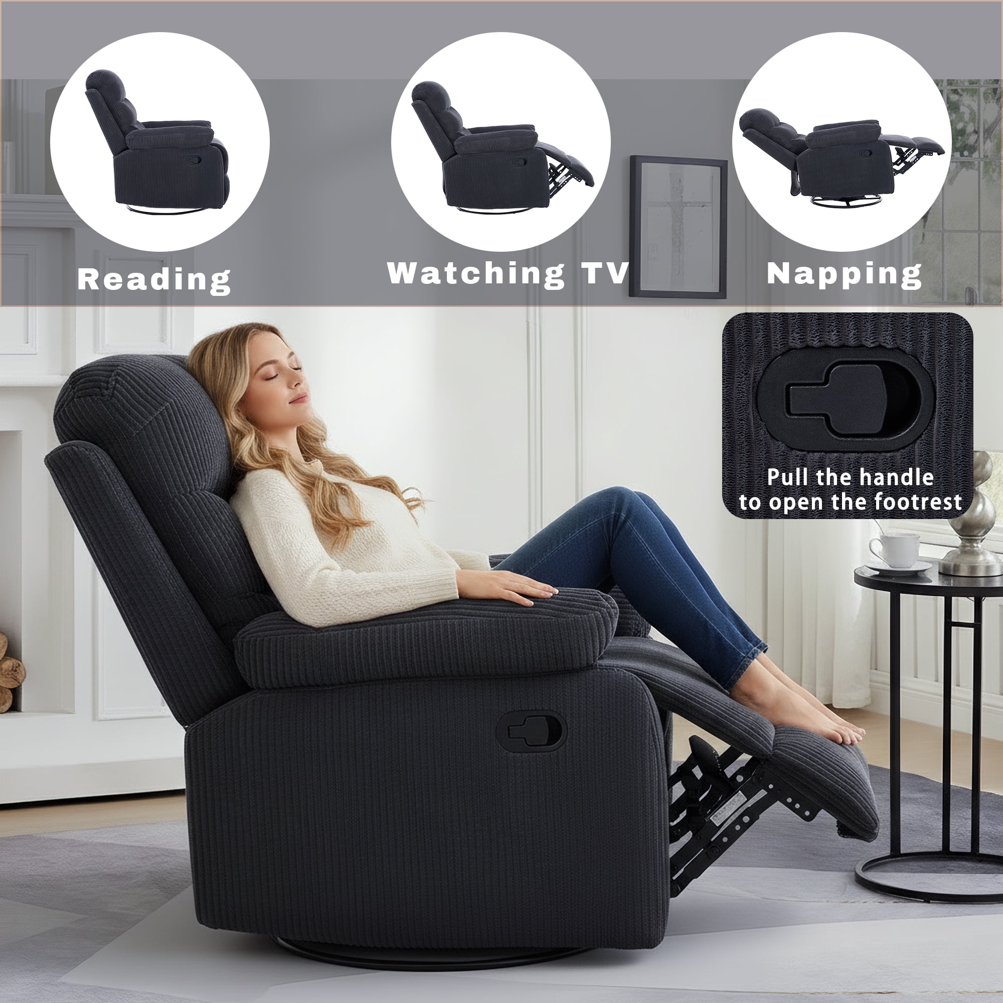 GAOHAPY Rocking Recliner Chair,Modern Swivel Glider Recliner Chair,Corduroy Fabric Upholstery Recliner,Manual Reclining Sofa Chair for Living Room,Office,Apartment,Dark Grey