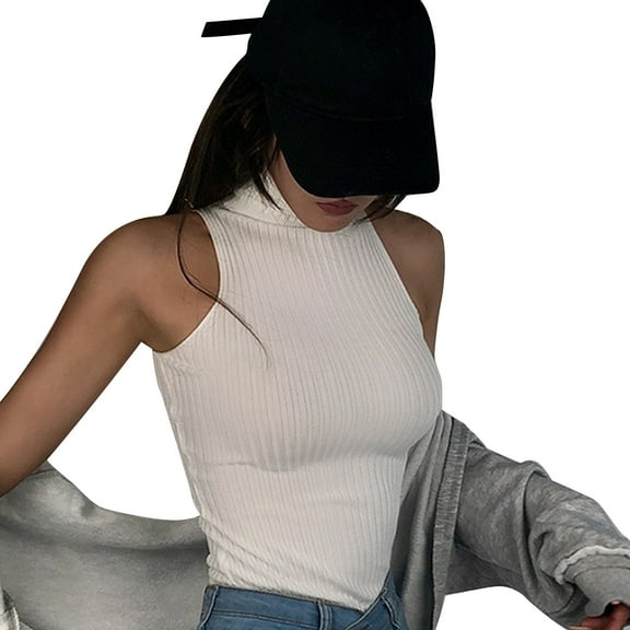 Womens High Turtleneck Basic Crop Top Ribbed Knit Solid Color Bodycon Slim Sleeveless Sweater Vest Navel Shirts
