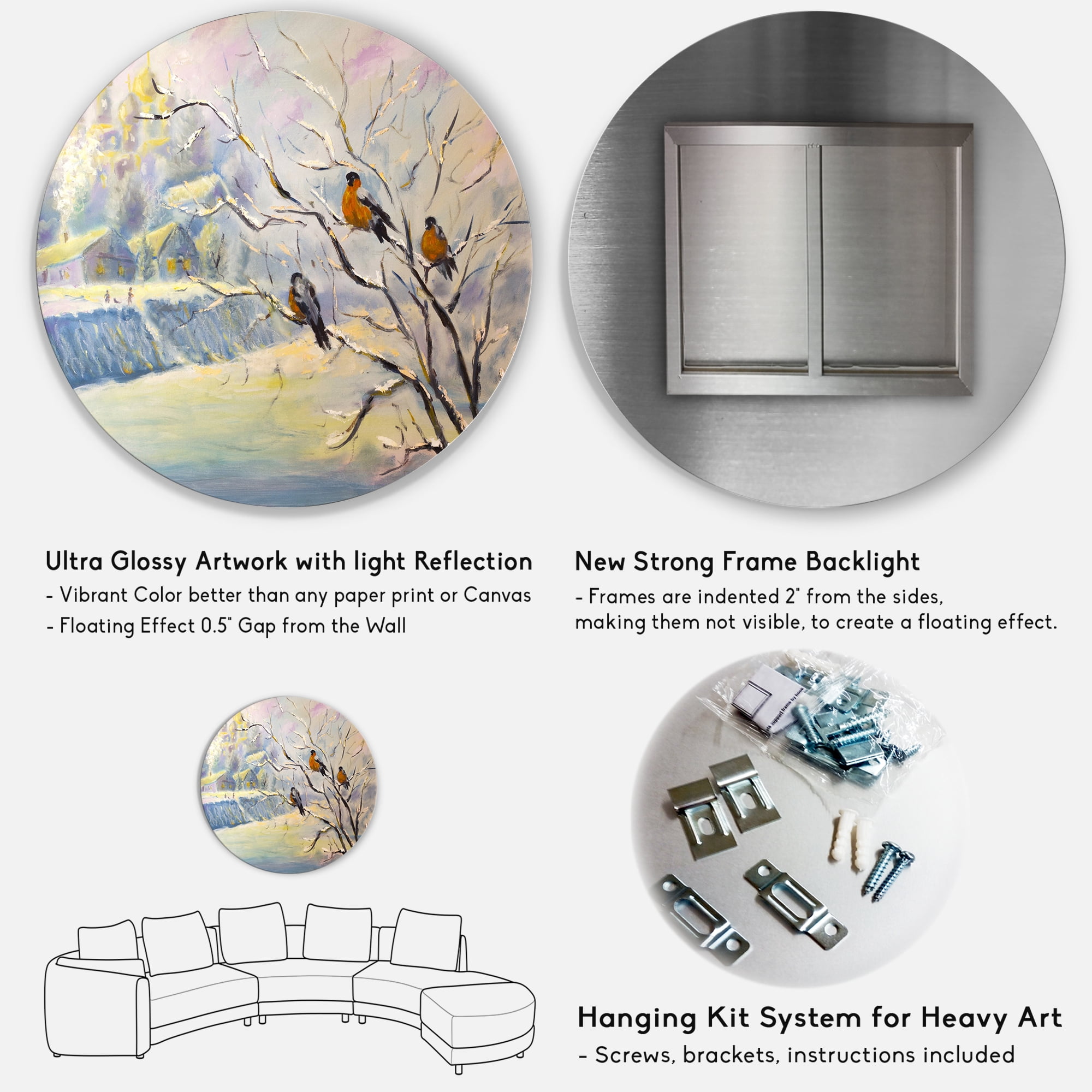 Designart 'Rustic Birds Sitting On A Tree In Winter Village' Farmhouse Circle Metal Wall Art 29x29 - Disc of 29