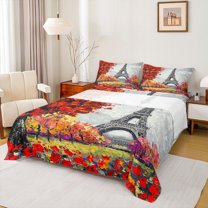 Homewish Fashion Eiffel Tower Twin Sheet Sets, Oil Printing Twin Fitted Sheet, Romantic Valentines Day Flat Sheet, Ultra Soft Bedroom Decor, 3 Pieces