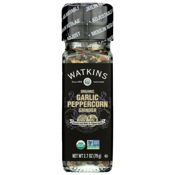 Watkins Gourmet Organic Spice Grinder, Garlic Peppercorn, 2.7 oz (Grinder/Ground), Fish Free
