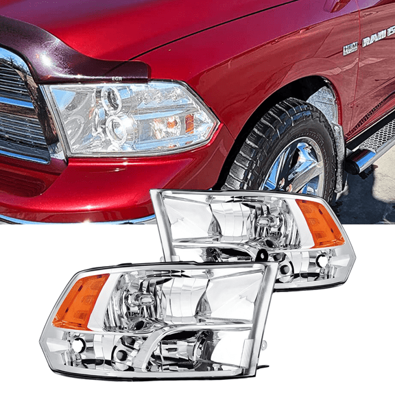 Headlight Assembly Replacement for 2009-2018 Dodge Ram 1500 Quad Dodge Ram 2500 3500 Pickup Driver Passenger Side, for Quad Models (Chrome Housing with Amber Reflector)