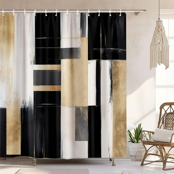 Black and Gold Abstract Shower Curtain Boho Modern Aesthetic Shower Curtain Set Beige Cream Brown Oil Painting Neutral Art Shower Curtain for Bathroom Fabric with Hooks-72"W x 78"L (Pack of 1)