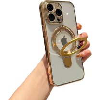 for iPhone 15 Pro Max Case Clear Magnetic Stand with Camera Lens Protection Electroplated MagSafe Shockproof Soft Protective Slim Fit Phone Case for iPhone 15 ProMax 6.7 Inch - Gold