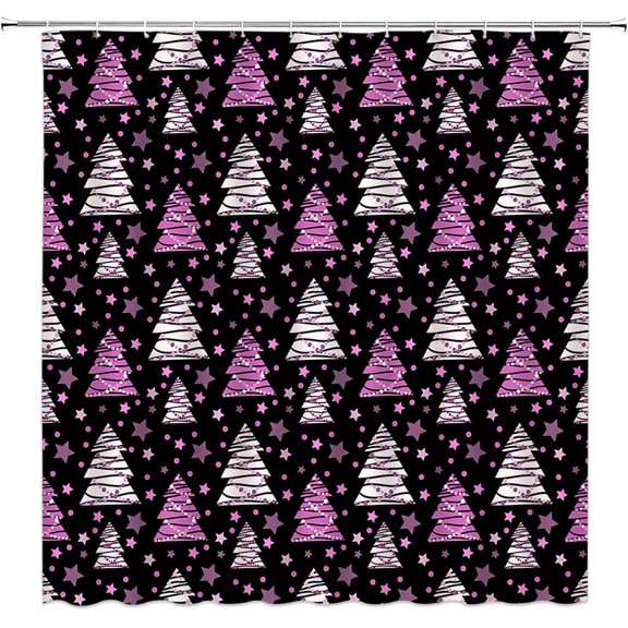 Christmas Tree Extra Long Shower Curtain, Purple Xmas Pine Tree Star Winter Holiday Festival Forest Teens Rustic Bathroom Home Curtain Decor with Hooks,70" Wx84 H