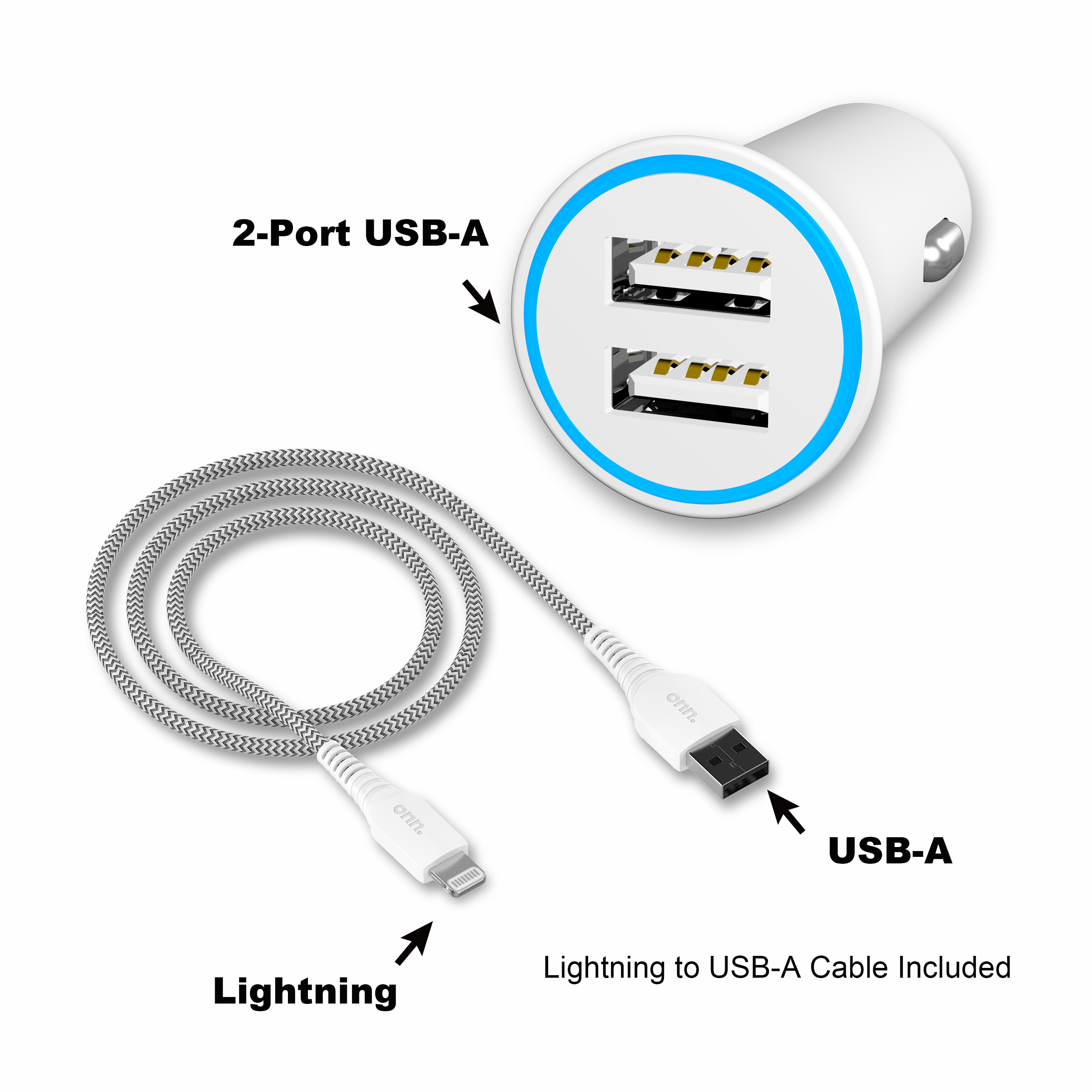 onn. Dual-Port Car Charging Kit with USB-C to USB Cable, White