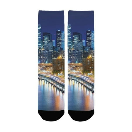 

Landscape View of New York City Manhattan Bay Harbour at Night with Lights and Skyscrapers Multicolo Women s Custom Socks (Made In USA)
