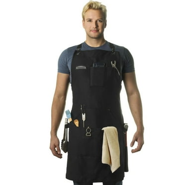 Canvas Work Apron with Multiple Tool Pockets, Professional Kitchen Cooking Baking Apron, Adjustable Chef Gardening Woodworking Apron for Women Men, Black