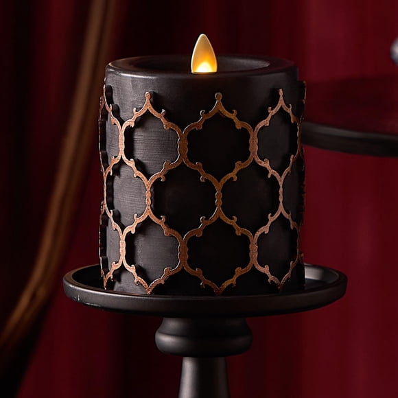 Luminara Embossed Fretwork Pillar Flameless LED Candle, 3.5" x 4.5", Moving Flame, Safe Timer Feature, Real Wax, Battery Operated