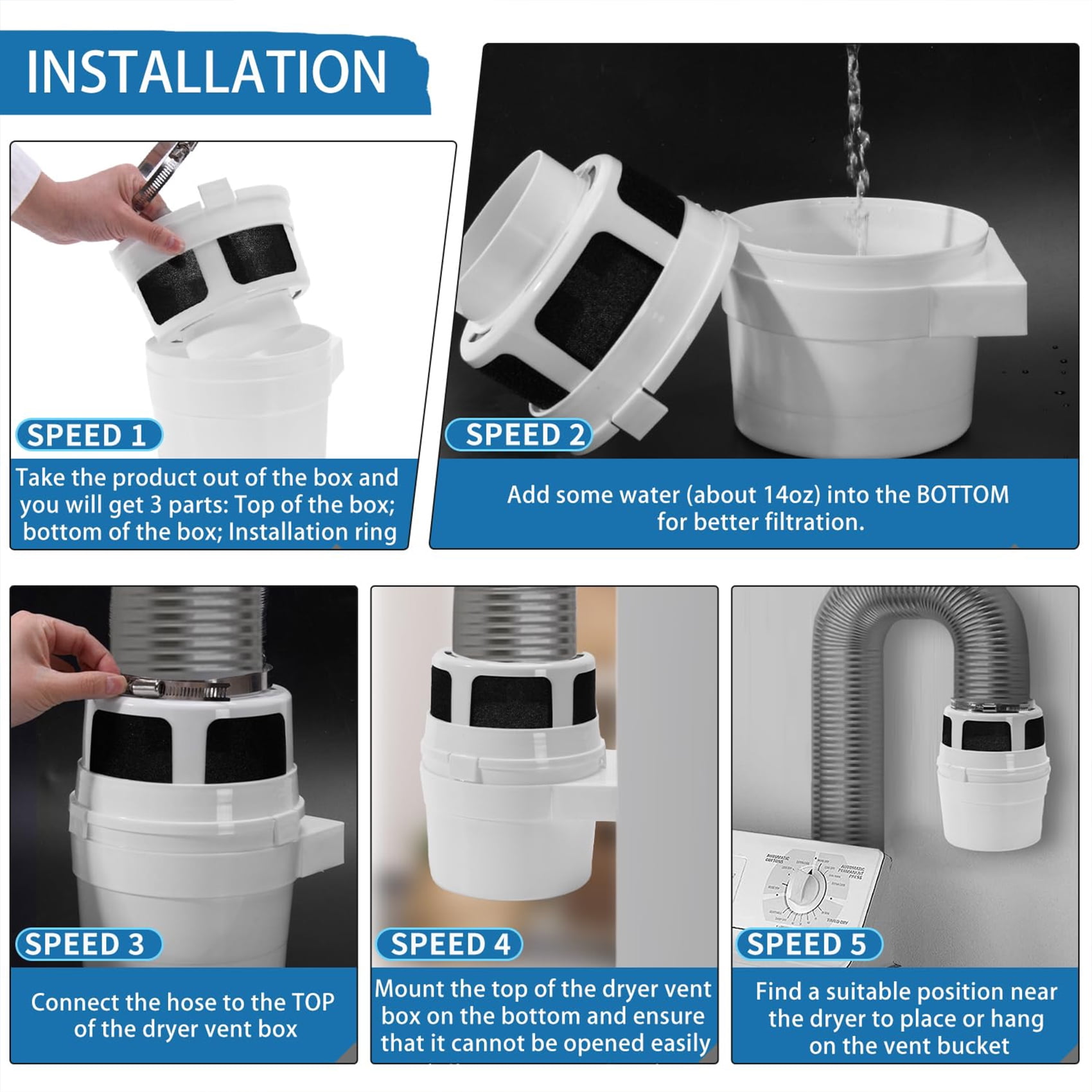 Tuoowo Indoor Dryer Vent Kit Lint Trap Bucket with 4 Inch by 5 Feet Grey Proflex Duct