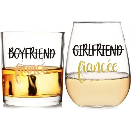 

Boyfriend-Fiance and Girlfriend-Fiancee Wine and Whiskey Glass Gift Set of 2 Engagement Gifts for Couples Fiance and Fiancee Him and Her Bride and Groom