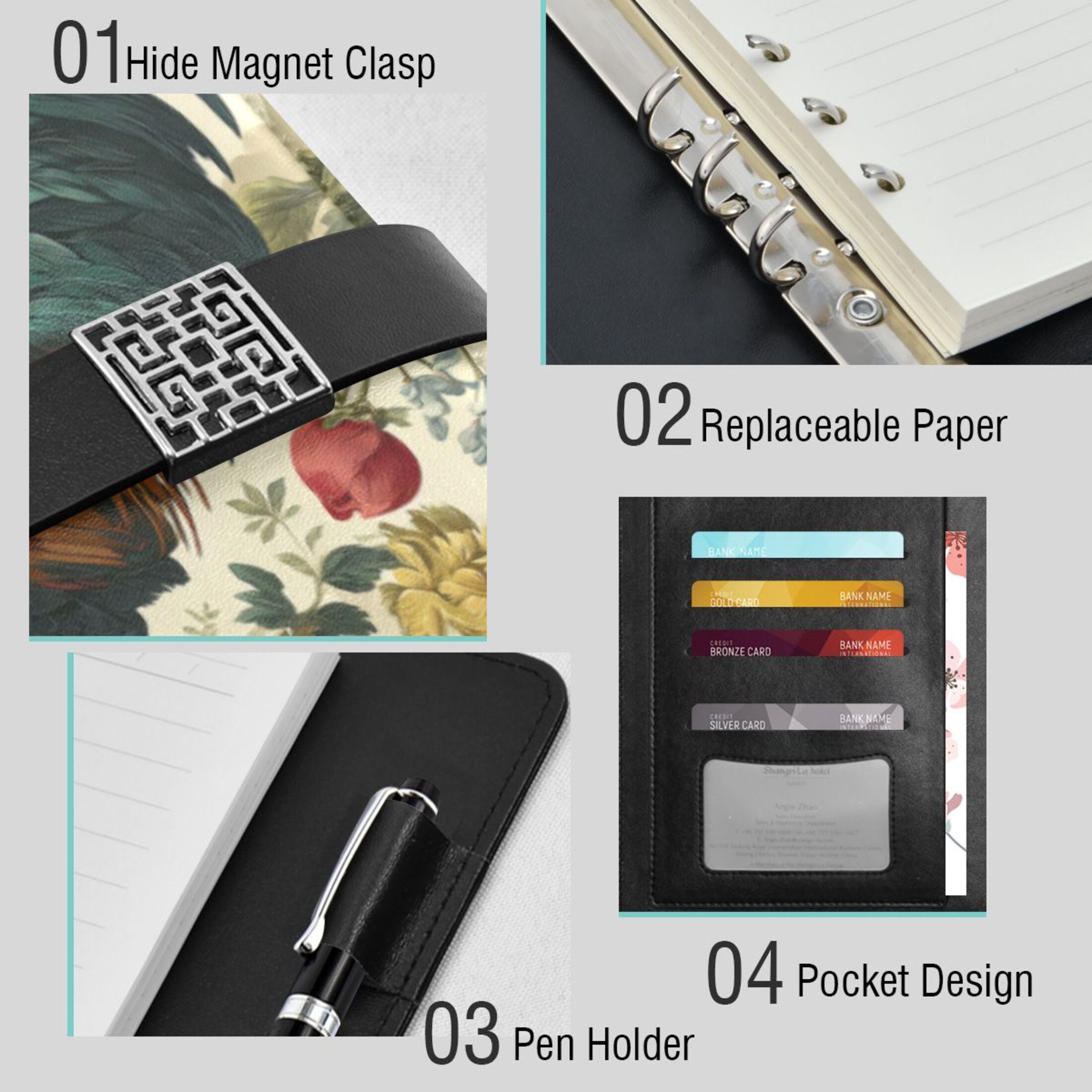 9.2x6.7 inch Leather Notebook 100 Sheets, Multi-Pocket Design & Pen Loop Rooster and Vintage Floral Refillable Journal Organizer