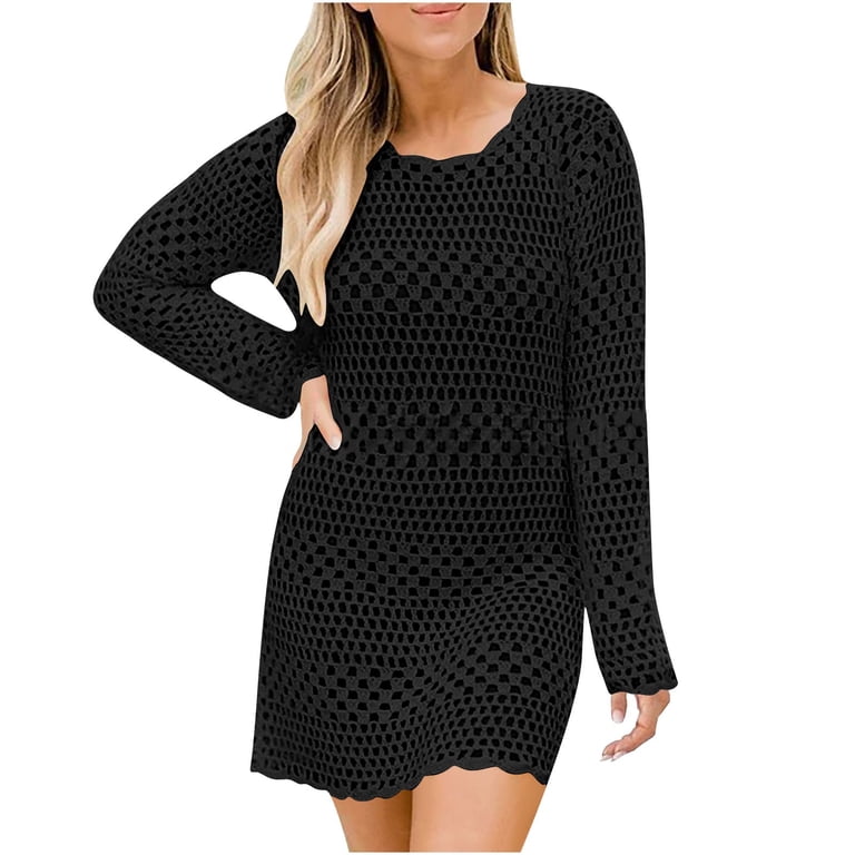 Ashirexll Summer Dress Bathing Suit Hollowed Out Cover Up for Beach Pool  Swimwear Crochet Dress Long Sleeve Loose Plus Size Beach Dress Black L -  Walmart.com