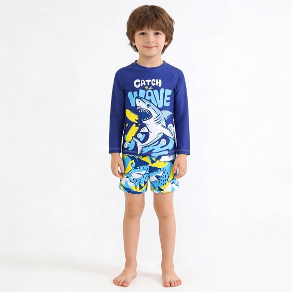 Boys Swimsuits Size 6-7Y Long Sleeve Swim Tees Trunks Shark Print Sun Swimwear Beach Pool Kids 2 Piece Swimsuit