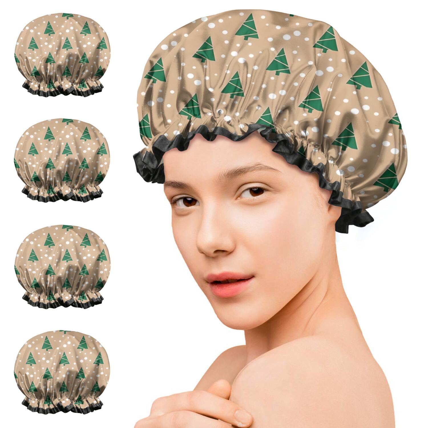 Shower Caps,Brown Christmas Tree Pattern Waterproof Shower Cap for Women 4 Pieces,Double Reusable Hair Cover for Shower PEVA Elastic Stretch Hem