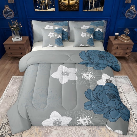 Manfei Retro Rustic Flowers 7-Piece Twin Bedding Sets,Vinatge Aesthetic Art Bedding Comforter Set,Deepblue Gray Sheet Sets For Men Women,Microfiber Bedroom Decor Reversible