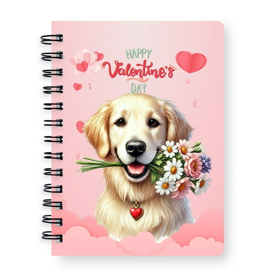 Happy Valentine's Day Golden Retriever holding flowers Spiral Bound Journal Goldens Dog Lover Gifts Idea 5x7in Spiral Notebook - 3005