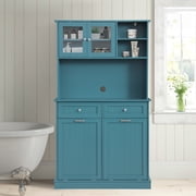 KIGOTY Kitchen Trash Cabinet, Double Tilt Out Trash Can Cabinet with Countertop and Drawer, Free-Standing Pet Proof Recycling Cabinet Garbage Can Holder (67H,Blue)