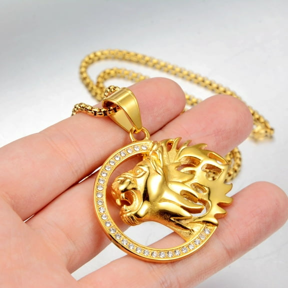 Wild Lion Pendant Necklace for Men Women 14K Yellow Gold Crystal Animal Chain Accessories Jewelry