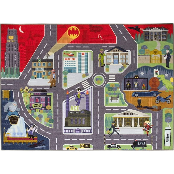 KC Cubs | Batman GOTHAM CITY™ Road Map Educational Learning & Game Area Rug Carpet for Kids and Children Bedrooms and Playroom