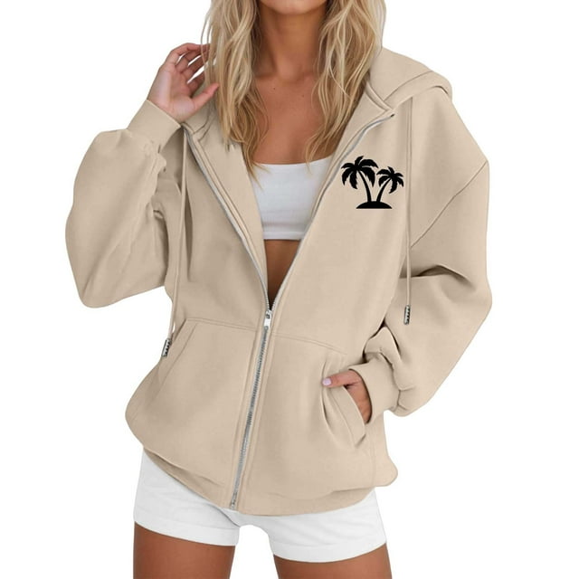 Women's Tree Print Zip Up Hooded Sweatshirt Casual Long Sleeve Drawstring Jacket with Full Zipper Comfortable Pullover Tops