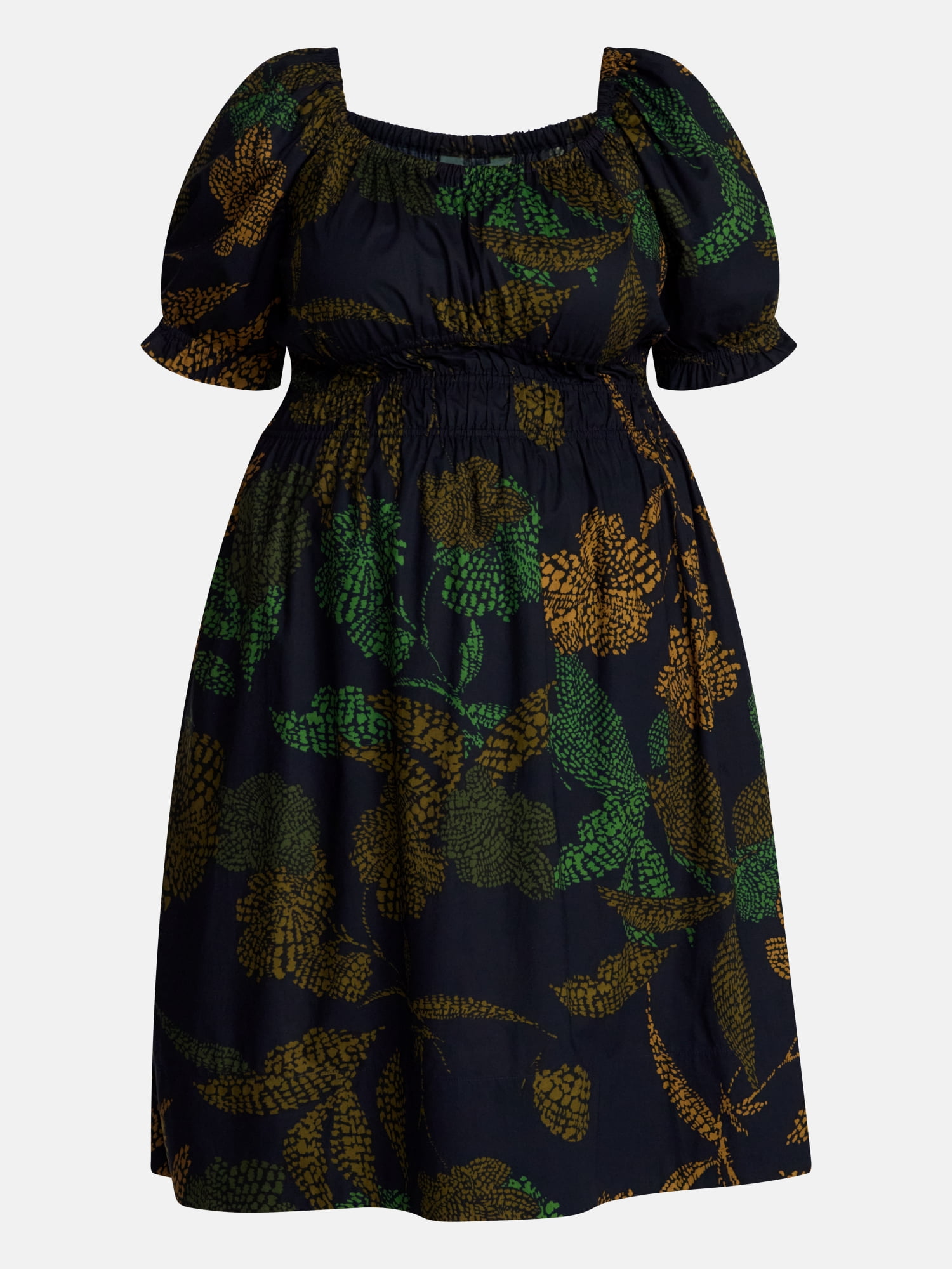 Terra & Sky Women's Plus Smocked Cotton Midi Dress with Short Puff Sleeves, Sizes- 0X-5X