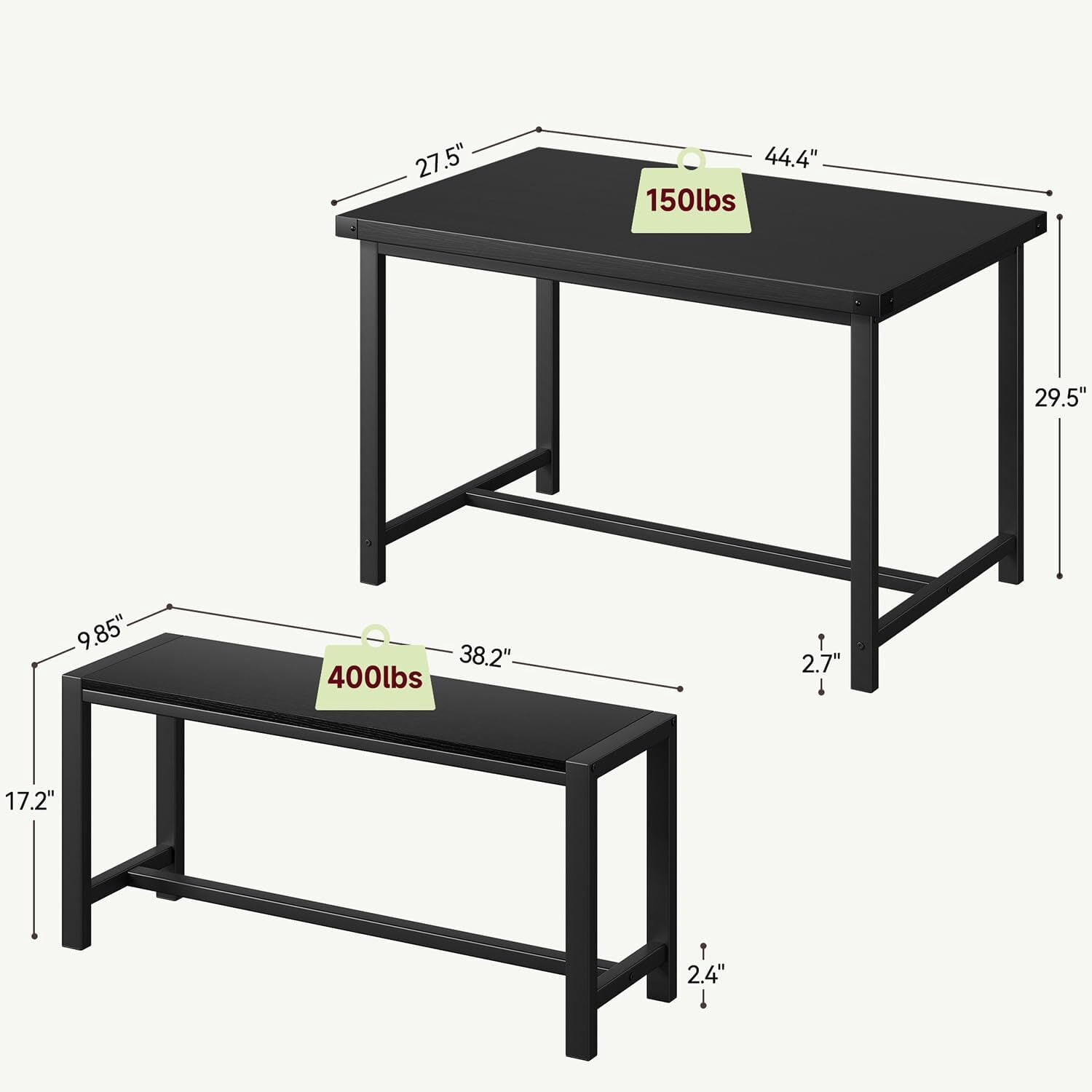 EastVita Black 3-Piece Dining Table Set for 4 with 2 Benches and Corner Protectors and H-Shaped Frame Compact for Apartments and Small Spaces