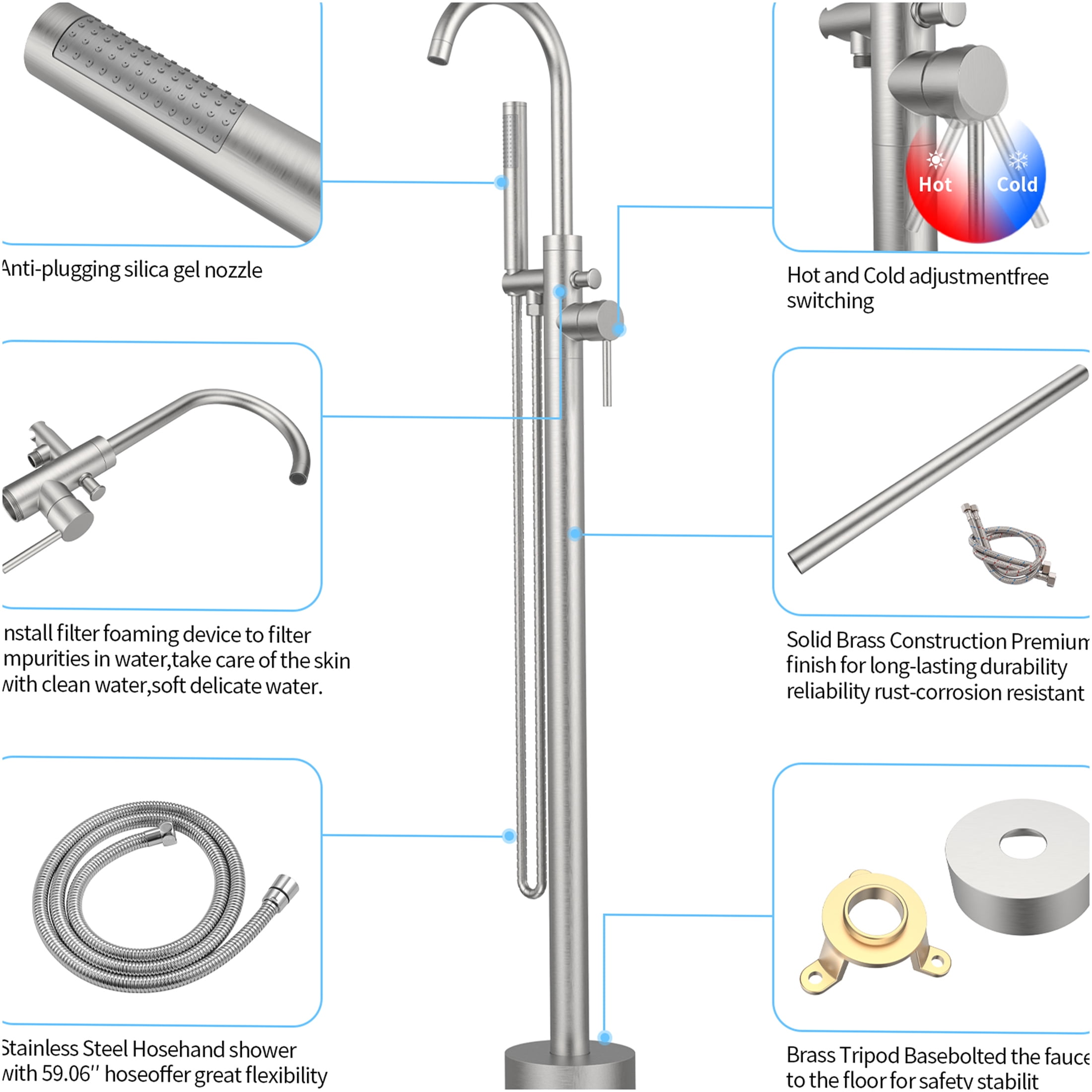 JERFIT Freestanding Bathtub Faucet with Hand Shower, Brushed Nickel Floor Mount Tub Filler, Single Handle High Flow 6 GPM, Solid Brass Core