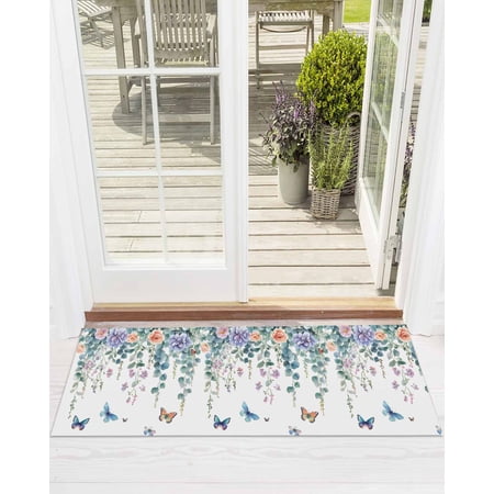 Retro Eucalyptus Front Door Mat Leaf Flower Butterfly Watercolor Plant Welcome Doormat Indoor Outdoor Entrance Floor Mat Non-Slip Washable Runner Rug for Front Porch Decor 24x71 Inch