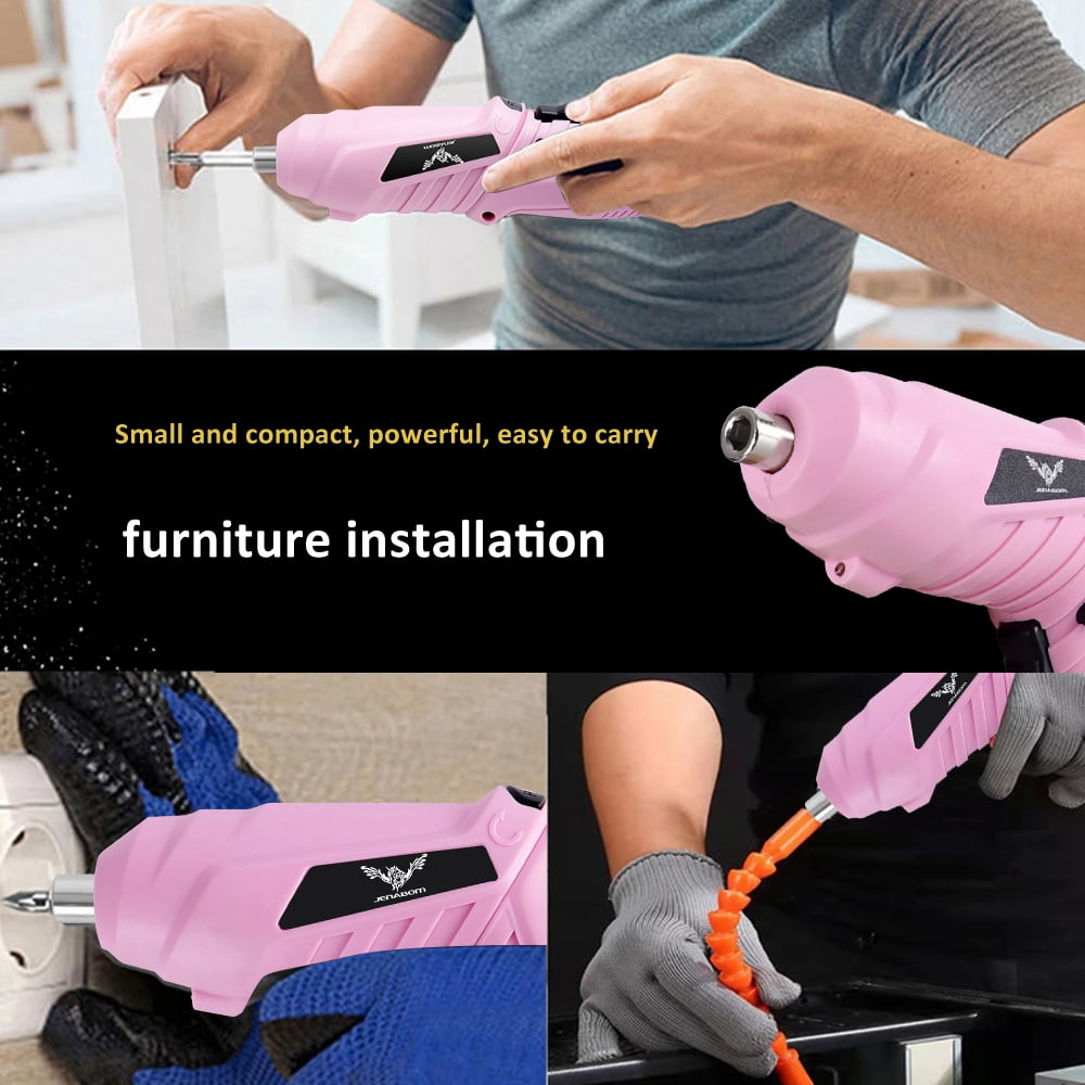 47pcs Pink Cordless Electric Screwdriver USB Charging Portable Electric Screwdriver Rotatable with LED Light Multi-functional Home Electric Repair Tool Kit