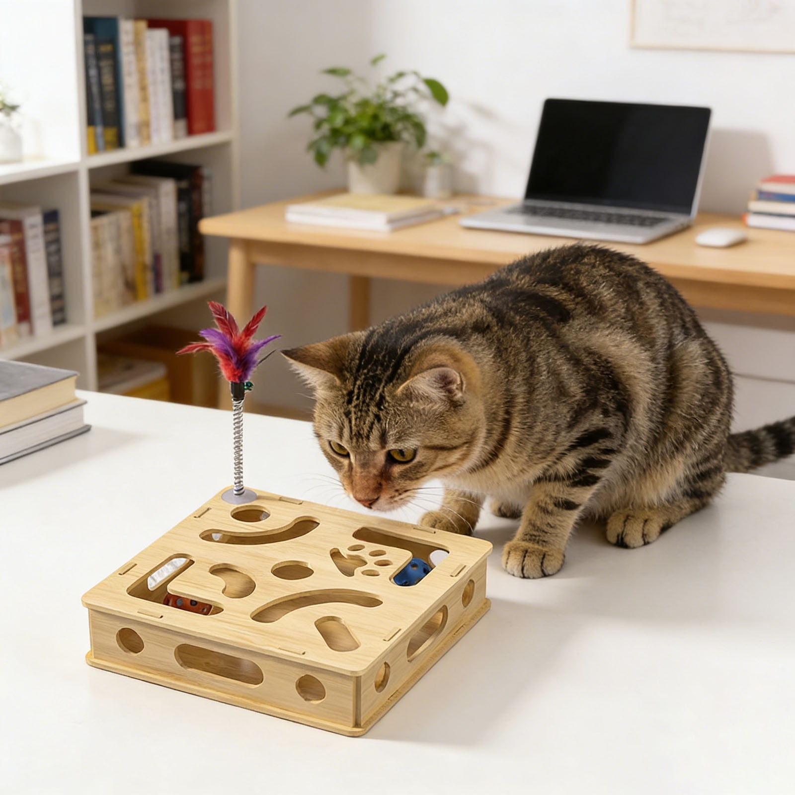 COM1950s Interactive Cat Puzzle Toy Box with Balls and Teaser Wand,Mental Stimulation Game for Indoor Cats To Dig and Explore,Durable Wooden Activity Center with Bell and Suction Cup