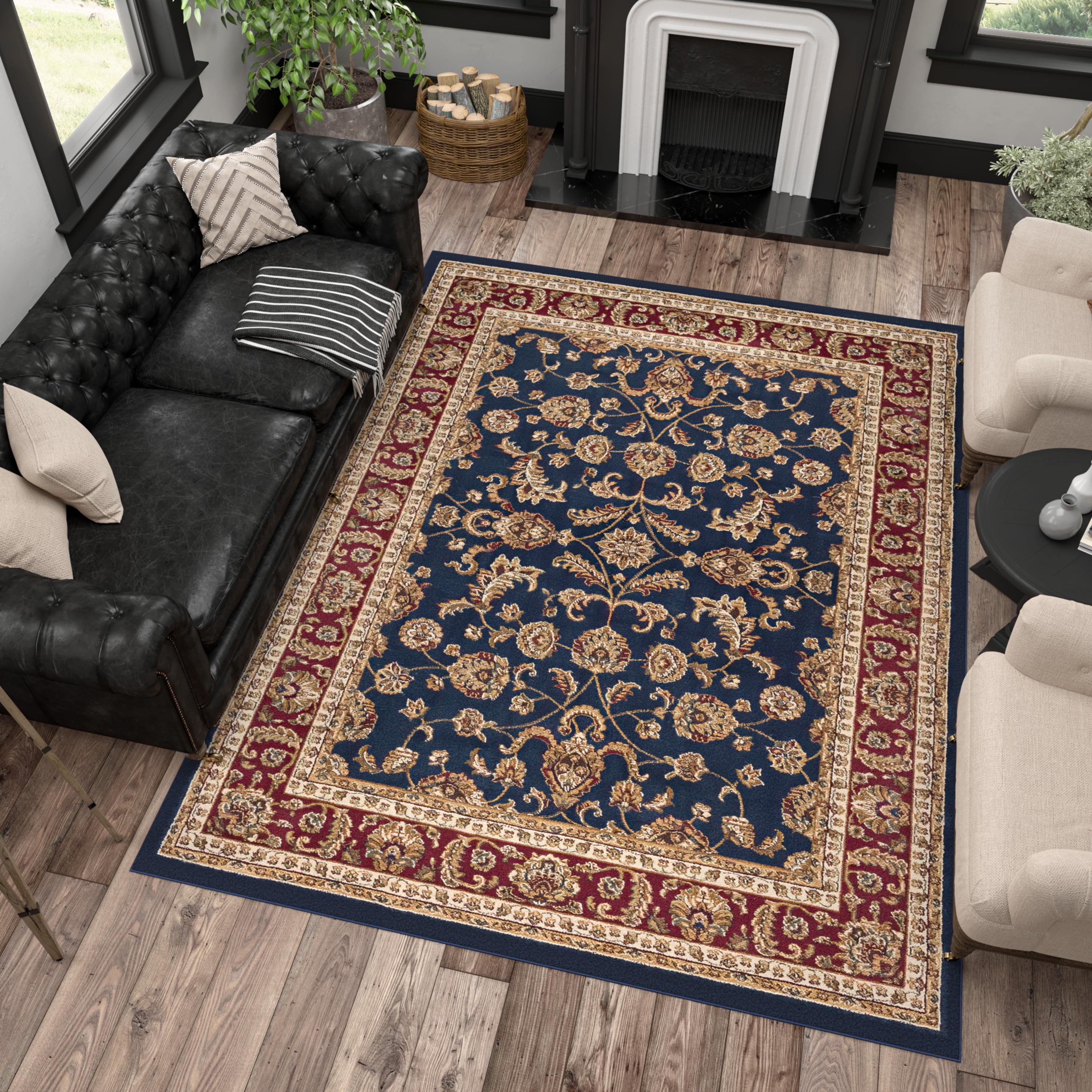 Sensation Transitional 5' x 7' Navy and Beige Polypropylene Indoor Area Rug