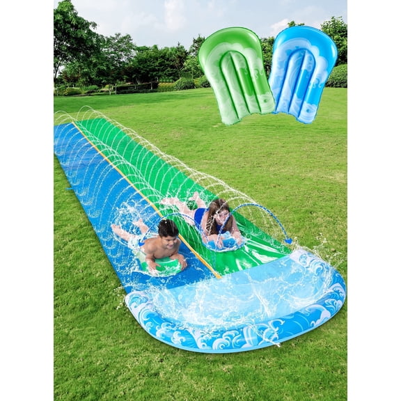 Joyfy 22.5ft Triple Water Slide and 2 Inflatable Boards, Backyard Summer Lawn Water Slides Waterslide and Slip Sprinkler Water Toy for Kids Adults Outdoor Fun Blue/Green