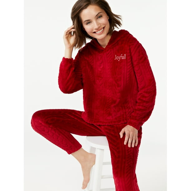 Joyspun Women's Plush Cable Long Sleeve Hooded Top and Pants Pajama Set