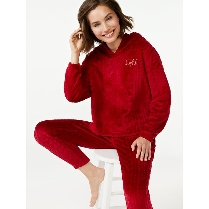Joyspun Women's Plush Cable Long Sleeve Hooded Top and Pants Pajama Set