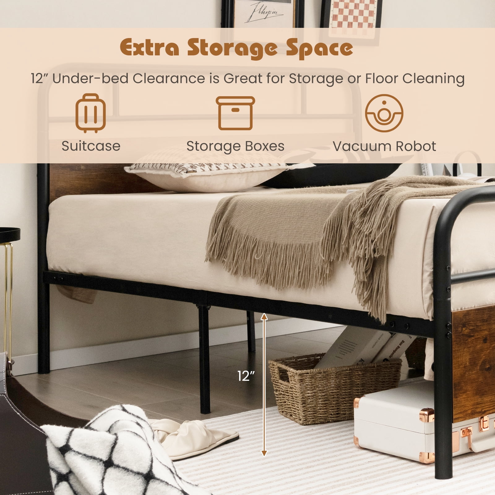 Infans Queen Size Metal Platform Bed Frame Industrial Headboard Mattress Foundation