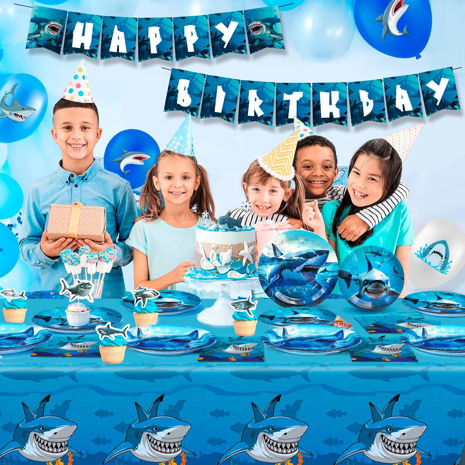 Shark Birthday Party Decorations,Shark Party Decorations & Shark Tableware Set- Shark Plate Cups Napkins & Shark Birthday Banner Balloons Cupcake Toppers etc Shark Birthday Party Supplies
