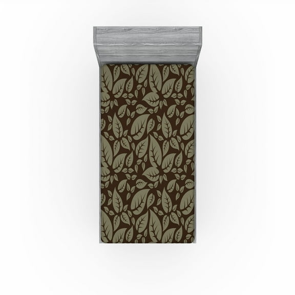 Ambesonne Earthy Leaves Fitted Sheet, Woodland Boho Leaf, Twin Size, Dark Cocoa Peacock Green