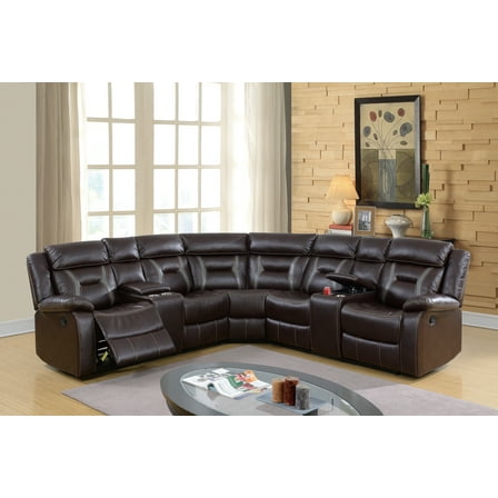 Living Room 3pcs Reclining Motion Sectional Sofa Gel Leatherette Loveseat Console Corner Wedge Dark Brown Cushion Couch