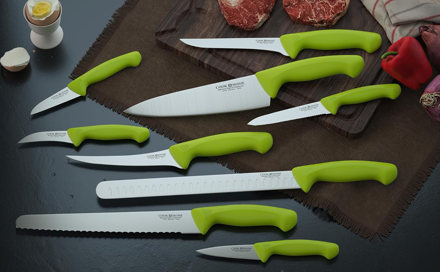 Cook N Home Professional 8 Inch Chef's Knife Multi-Purpose, Straight Edge High Carbon Stainless Steel Sharp Kitchen Knife, Ergonomic Handle, Green