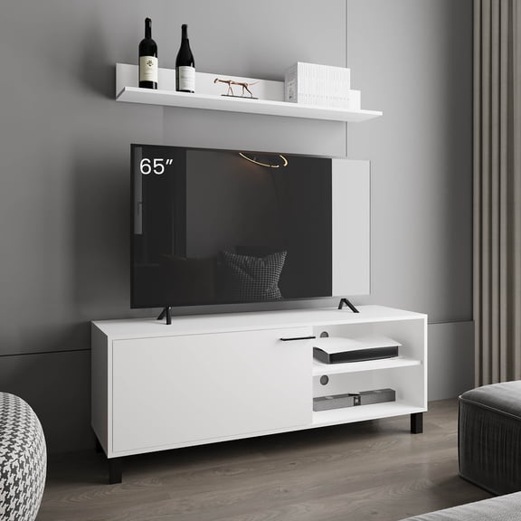 LHKJ White TV Stand, 2 Doors, Open Shelves