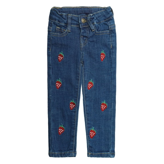 KIDSCOOL SPACE Baby Little Girls Jeans,Strawberry Embroidered Strechy Denim Soft Slim Pants,5-6 Years