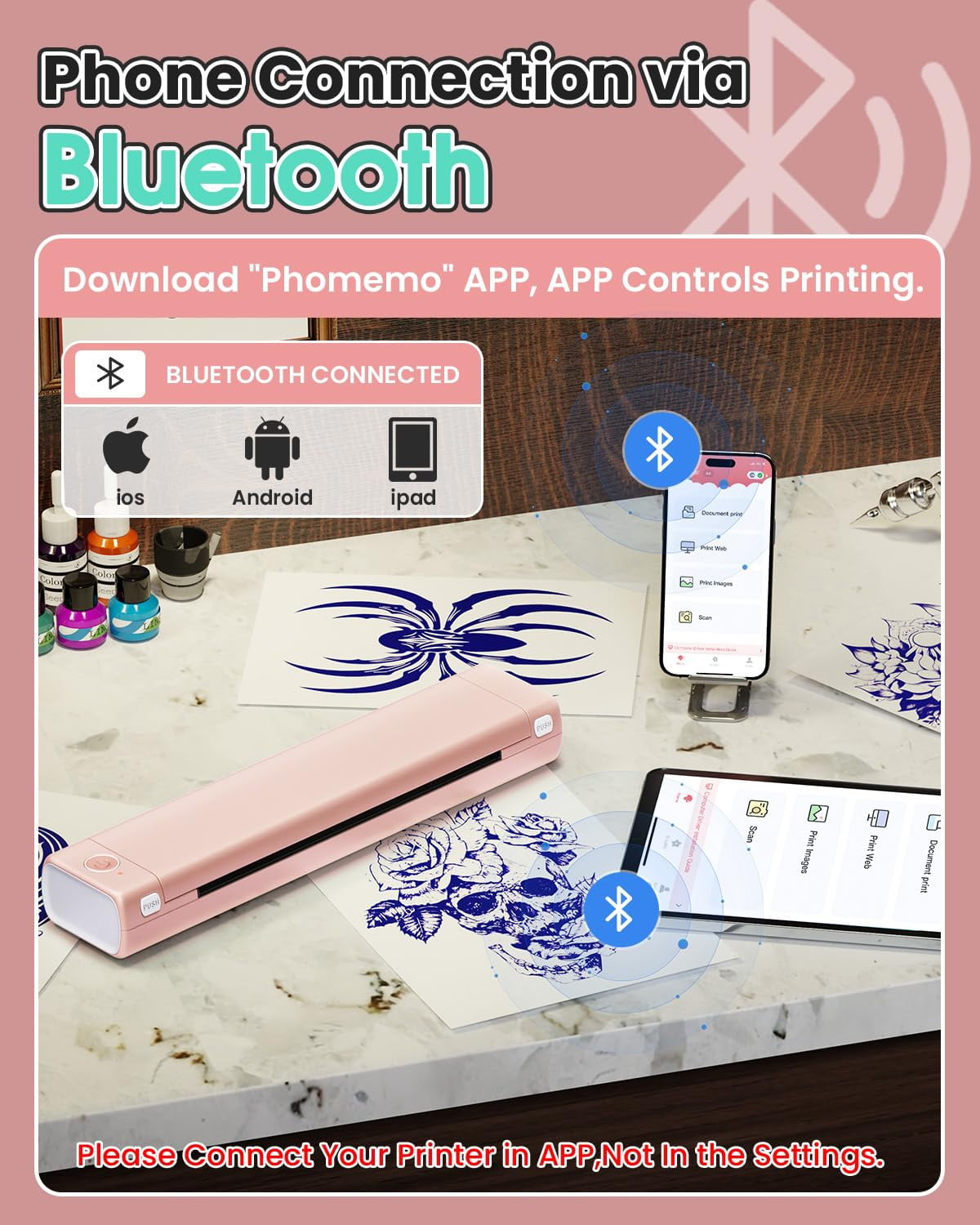 Phomemo M08F Wireless Tattoo Transfer Printer, Thermal Tattoo Machine with 10pcs Free Transfer Paper for Tattoo Artists & Beginners, Compatible with Smartphone & PC, Pink