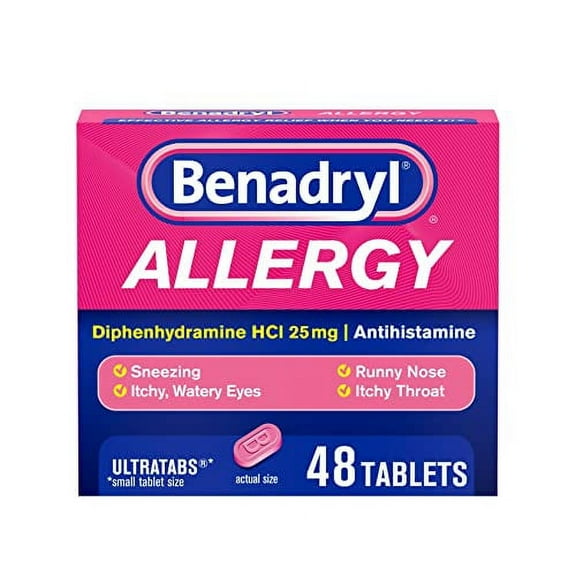 Benadryl Ultratabs Antihistamine Allergy Relief Medicine, 25 mg Diphenhydramine HCl Tablets for Relief of Cold & Allergy Symptoms Such as Sneezing, Runny Nose, & Itchy Eyes & Throat, 48 ct