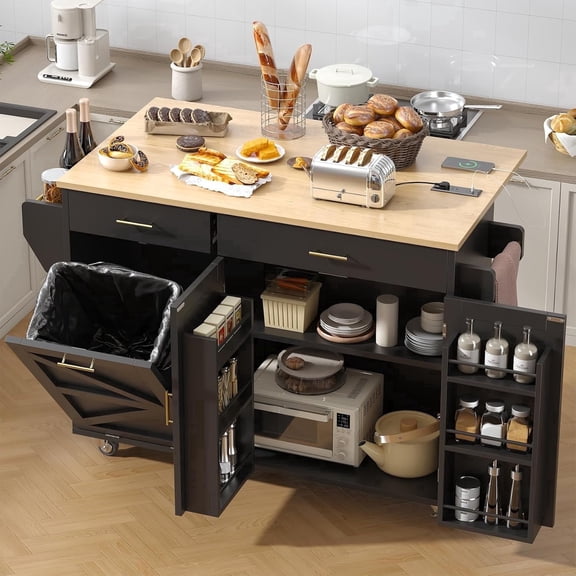 Meteorleg Kitchen Island with Power Outlets & Trash Cabinet, 2 Drawer Modern Buffet Cabinet Sideboard Coffee Bar for Dining Room Living Room,Black