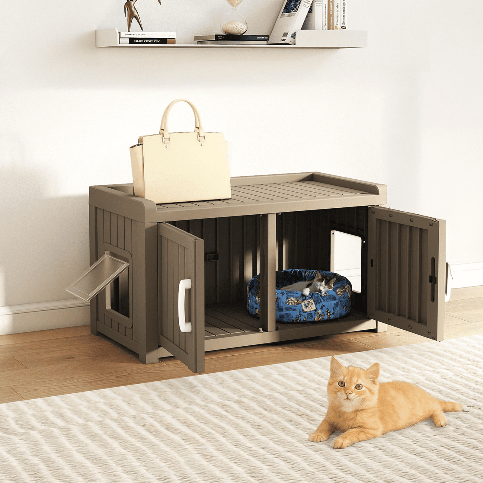 Resin Cat Litter Box Enclosure - Hidden Multi-Functional Furniture with Double Doors, Waterproof UV-Resistant, Spacious Odorless Design for Indoor Outdoor Use