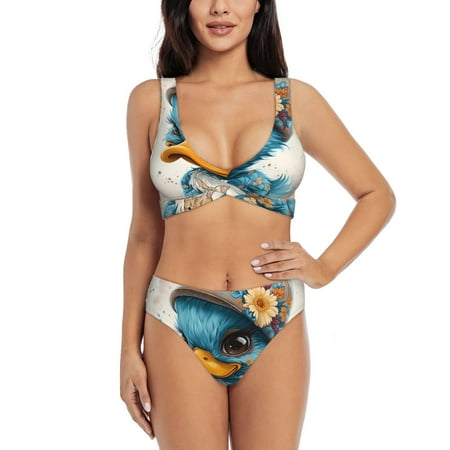 Zeuib Cute Sunflower Blue Duck High Waisted Tummy Control Bikini Set - Knot Front Push Up Top & Cheeky Thong Bottom  Two-Piece Swimsuit for Women-XX-Large