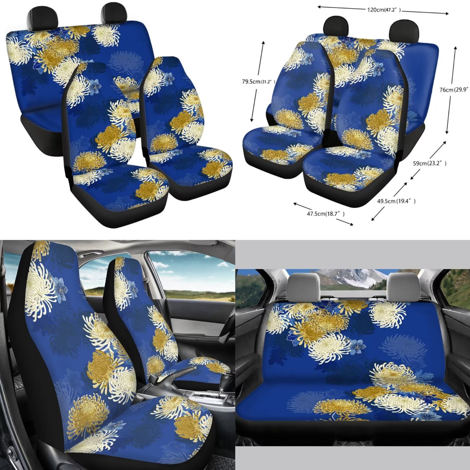 Chririnla Flower Pattern Car Seat Accessories 14 Pack Full Set Non-Slip Vehicle Front Back Seats Cushions Sets with Steering Wheel Cover, Armrest Mat, Keychain Car Interior Essentials