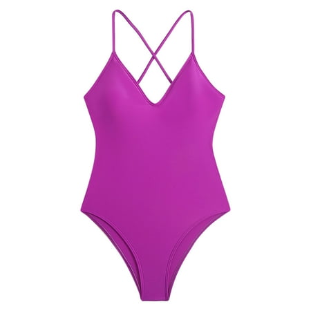 Efsteb Womens One-Piece Swimsuit Fashion V-Neck High Waisted Crisscross Bikini Beach Swimming Swimwear Bikini Swimsuits Slim Bathing Suits Swimwear (Purple M)