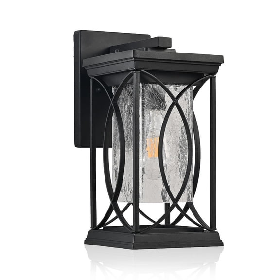 14" Black Outdoor Wall Lantern with Crackled Glass – Weatherproof Modern Sconce for Porch, Patio, Entryway | E26 Base (Bulb Not Included)